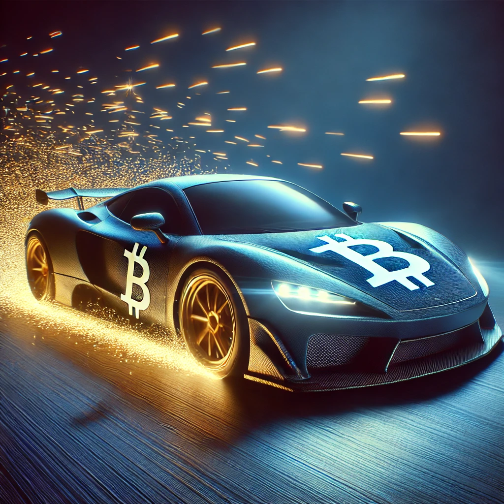 DALL·E 2025-03-05 10.10.45 - A sleek, high-end sports car with a Bitcoin logo on the hood, positioned against a deep blue background. The car is angled dynamically, emphasizing it