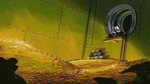 Scrooge McDuck diving into pile of golden money representing cryptocurrencies