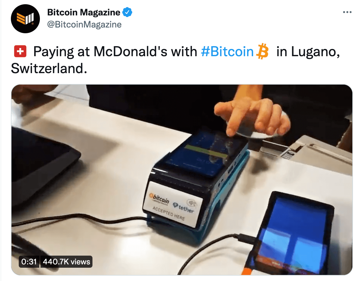 Screenshot of a tweet that shows someone paying bitcoin at McDonald's.