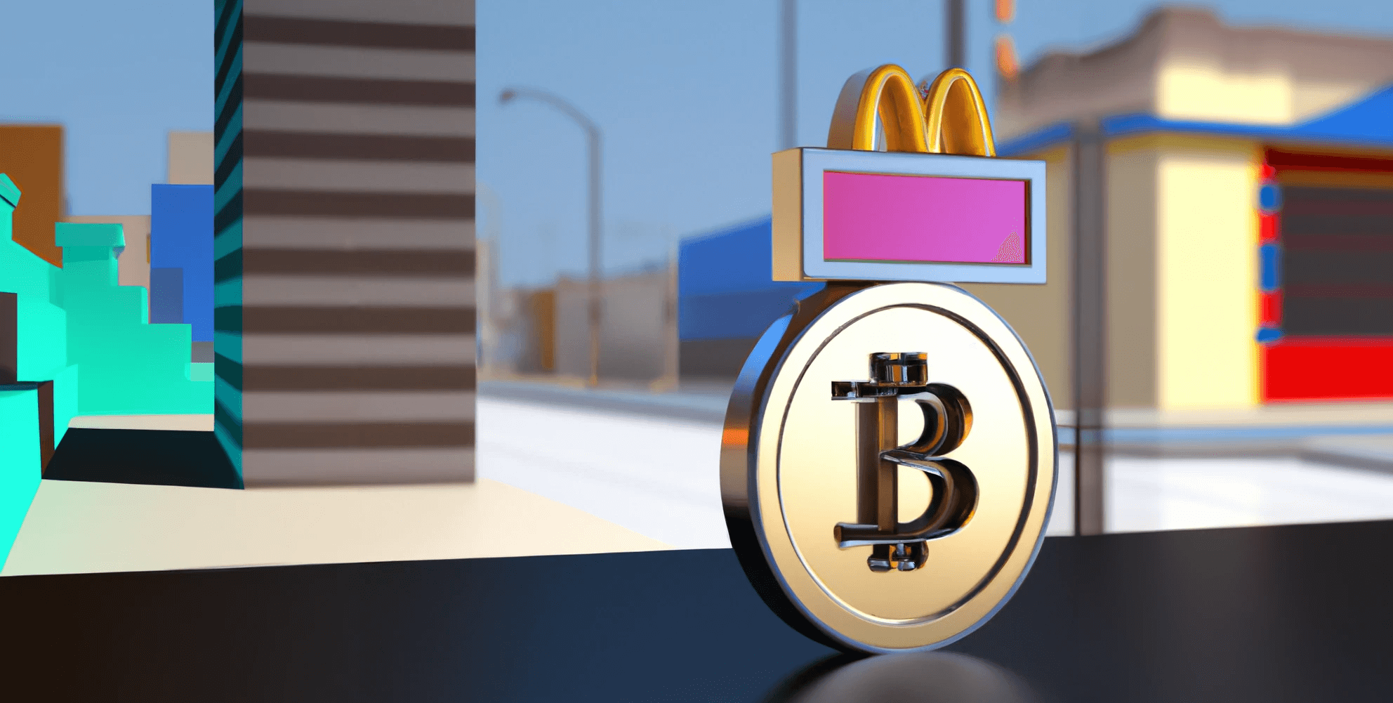 cityscape illustration of a bitcoin in front of a mcdonalds sign. mcdonald's now accepts bitcoin in switzerland